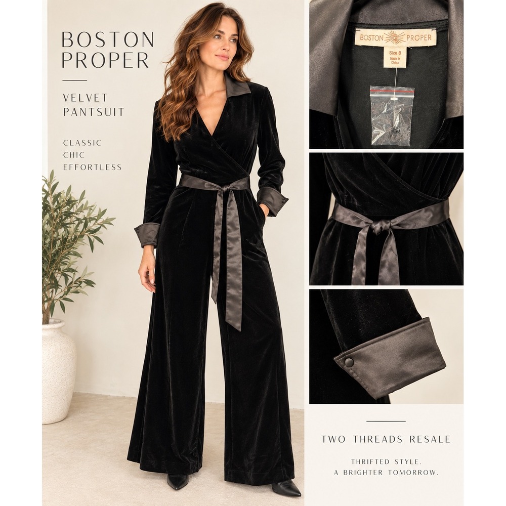 Boston Proper Black Velvet Jumpsuit Satin Trim Wrap Front Size 8 Party Dressy